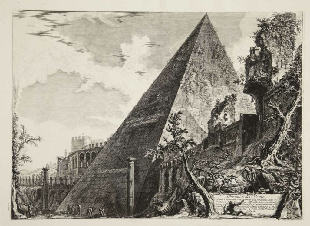 Giovanni Battista Piranesi, Cestius-pyramiden. Blad fra Udsigter fra Rom, 1748-1778. Den Kongelige Kobberstiksamling. Statens Museum for Kunst.
